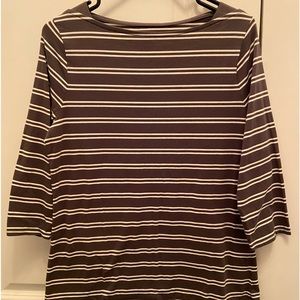 Women’s top, size L, dark olive green with white stripes.